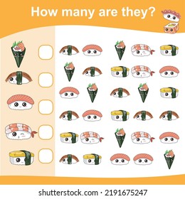 How many are they worksheet. Educational printable math worksheet. Counting how many similar images. Vector illustration.
