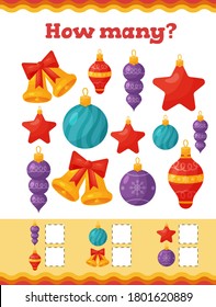 How Many Toddler Education Games With Christmas Tree Decoration. Preschool Or Kindergarten Christmas Worksheet. Vector Illustration