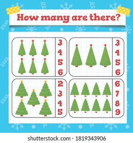  How many are there? Toddler education games with christmas tree decoration. Preschool or kindergarten Christmas worksheet. Vector illustration