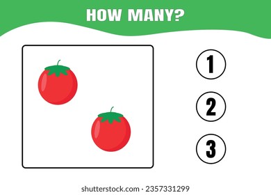 How many tomato are there? Educational math game for kids. Printable worksheet design for preschool or elementary kids.