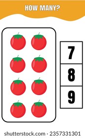 How many tomato are there? Educational math game for kids. Printable worksheet design for preschool or elementary kids.