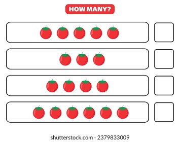 How many tomato are there? Educational worksheet design for children. Counting game for kids.