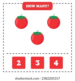 How many tomato are there? Educational worksheet design for children. Counting game for kids.