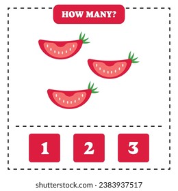 How many tomato are there? Educational worksheet design for children. Counting game for kids.