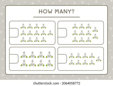 How many Tombstone, game for children. Vector illustration, printable worksheet