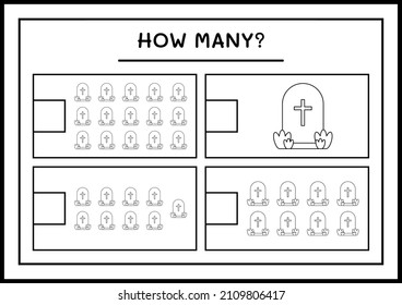 How many Tombstone, game for children. Vector illustration, printable worksheet
