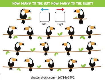 How many toucans look to the left and how many to the right. Logical game for kids.