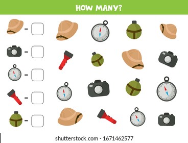 How many tourist equipment are there. Counting game for kids.