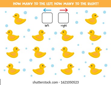 How many toy ducks swim to the right and to the left. Logic game for kids.