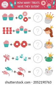 How many treats game with cute fairytale characters, donuts, sweets. Magic kingdom math addition activity for preschool children. Printable simple counting worksheet for kids
