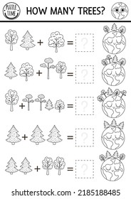 How many trees black and white game with cute planet. Ecological math addition activity for preschool children. Simple eco earth day printable counting coloring page for kids with plants and Earth
