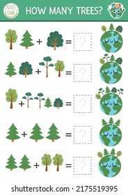 How many trees game with cute planet. Ecological math addition activity for preschool children. Simple eco earth day printable counting worksheet for kids with plants and Earth
