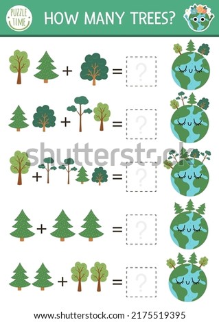 How many trees game with cute planet. Ecological math addition activity for preschool children. Simple eco earth day printable counting worksheet for kids with plants and Earth
