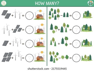 How many trees, wind turbines and solar panels game. Ecological house math addition activity for preschool children. Simple eco earth day printable counting worksheet for kids
