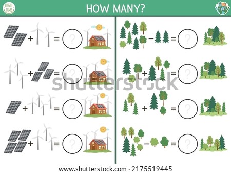 How many trees, wind turbines and solar panels game. Ecological house math addition activity for preschool children. Simple eco earth day printable counting worksheet for kids
