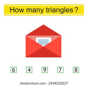 How many triangles are there? Logic game for kids. Letter envelope. Vector illustration