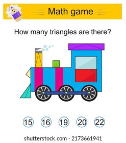 How many triangles are there? Math game for kıds. Task for development of attention and logic.  Practice worksheet. Vector illustration. Answer is 19.