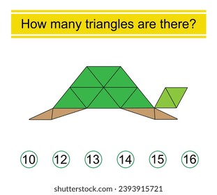 How many triangles are there? Math game for kids. Vector illustration of cartoon turtle.