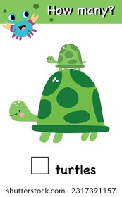 How many turtle cartoon objects childish educational puzzle maze addition algebra game worksheet cute preschool vector page mathematics lesson homework printable.