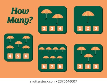 How many umbrella are there? Educational math game for kids. Printable worksheet design for preschool or elementary kids. Activities for children.