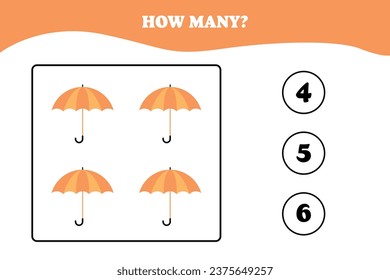 How many umbrella are there? Educational math game for kids. Printable worksheet design for preschool or elementary kids. Activities for children.