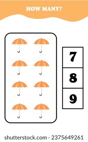 ¿Cuántos paraguas hay? Juego educativo de matemáticas para niños. Diseño de hoja de cálculo imprimible para niños de preescolar o elemental. Actividades para niños.