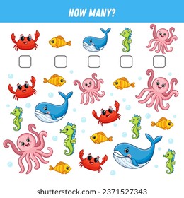 How many underwater animals are there. Count the number of animals. Math worksheet for kids.