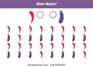 How many vegetable are there? Educational math game for kids. Printable worksheet design for preschool, kindergarten or elementary kids.