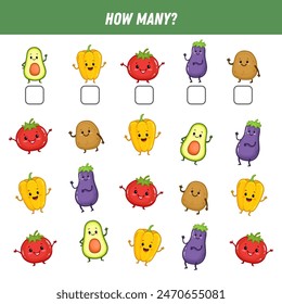 How many vegetables. Count the number of vegetables. Cute avocado, pepper, tomato, eggplant, potato. Math worksheet for kids. Vector