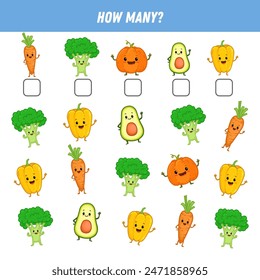 How many vegetables. Count the number of vegetables. Cute avocado, pepper, pumpkin, carrot, broccoli. Math worksheet for kids. Vector