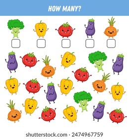 How many vegetables. Count the number of vegetables. Cute broccoli, pepper, tomato, eggplant, onion. Math worksheet for kids. Vector