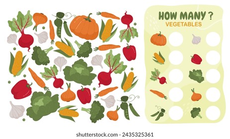 How many vegetables. Educational math games for children. Corn, pepper, raddish and pumpkin. Heathy eating. Puzzle and riddle for kids. Cartoon flat vector illustration isolated on white background