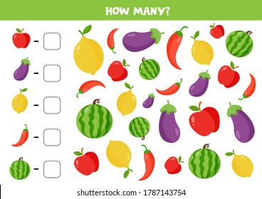 How many vegetables and fruits are there. Spy game for kids. Math counting worksheet for preschoolers.