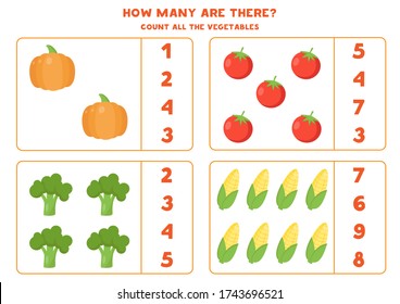 How many vegetables are there. Counting game for kids. Educational worksheet for preschoolers. Count and circle the right answer. Vector illustration of pumpkin, tomato, corn and broccoli.