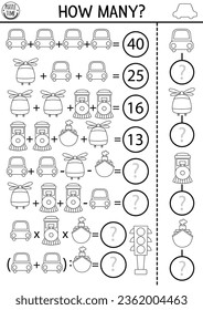 How many vehicles black and white game, equation or rebus. Air, water, land transportation line math activity. Printable counting worksheet, coloring page for kids with car, helicopter, train, ship
