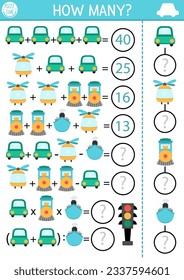 How many vehicles game, equation or rebus. Air, water, land transportation math activity for school children. Simple printable counting worksheet for kids with car, helicopter, train, ship
