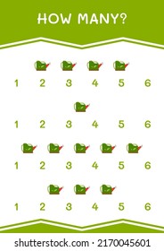 How many of Watering can, game for children. Vector illustration, printable worksheet