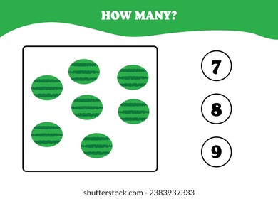 How many watermelon are there? Educational worksheet design for children. Counting game for kids.