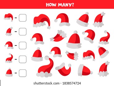How many winter caps are there. Count all Santa Claus hats. Educational math game.