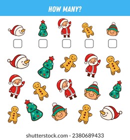 How many winter elements are there. Count the number. Christmas game. Math worksheet for kids. Vector illustration