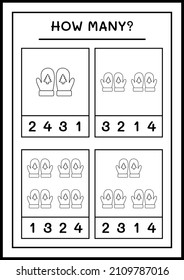 How many winter mittens, game for children. Vector illustration, printable worksheet