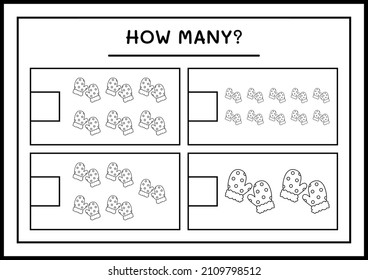 How many winter mittens, game for children. Vector illustration, printable worksheet