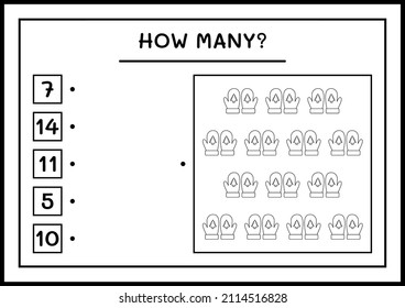 How many winter mittens, game for children. Vector illustration, printable worksheet
