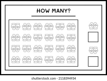 How many winter mittens, game for children. Vector illustration, printable worksheet