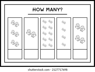 How many winter mittens, game for children. Vector illustration, printable worksheet