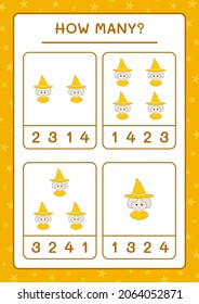 Wie viele Hexe, Spiel für Kinder. Vektorgrafik, druckbares Arbeitsblatt