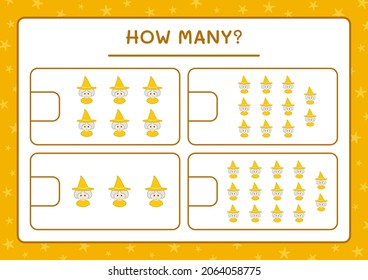 How many Witch, game for children. Vector illustration, printable worksheet