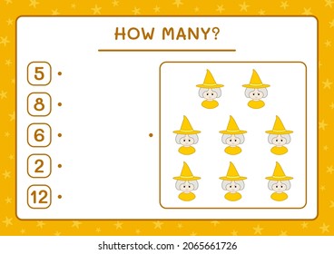 How many Witch, game for children. Vector illustration, printable worksheet