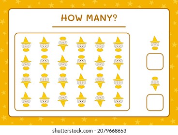 Wie viele Hexe, Spiel für Kinder. Vektorgrafik, druckbares Arbeitsblatt