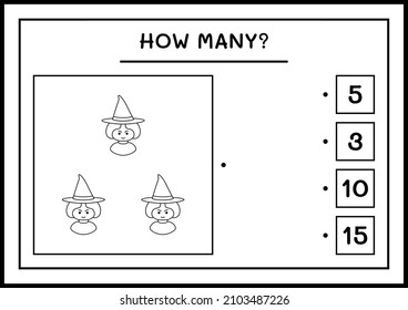 How many Witch, game for children. Vector illustration, printable worksheet